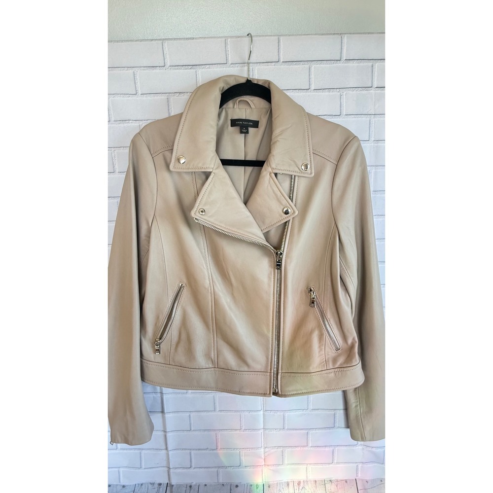 Ann Taylor Womens Beige Leather Moto Jacket Size 10 Champagne Biker Coat